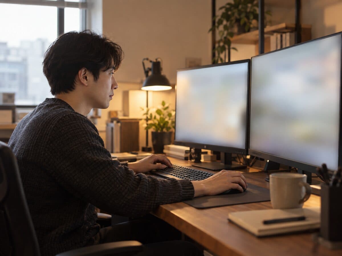 듀얼 모니터 앞에서 집중해 작업하는 개발자의 옆모습
